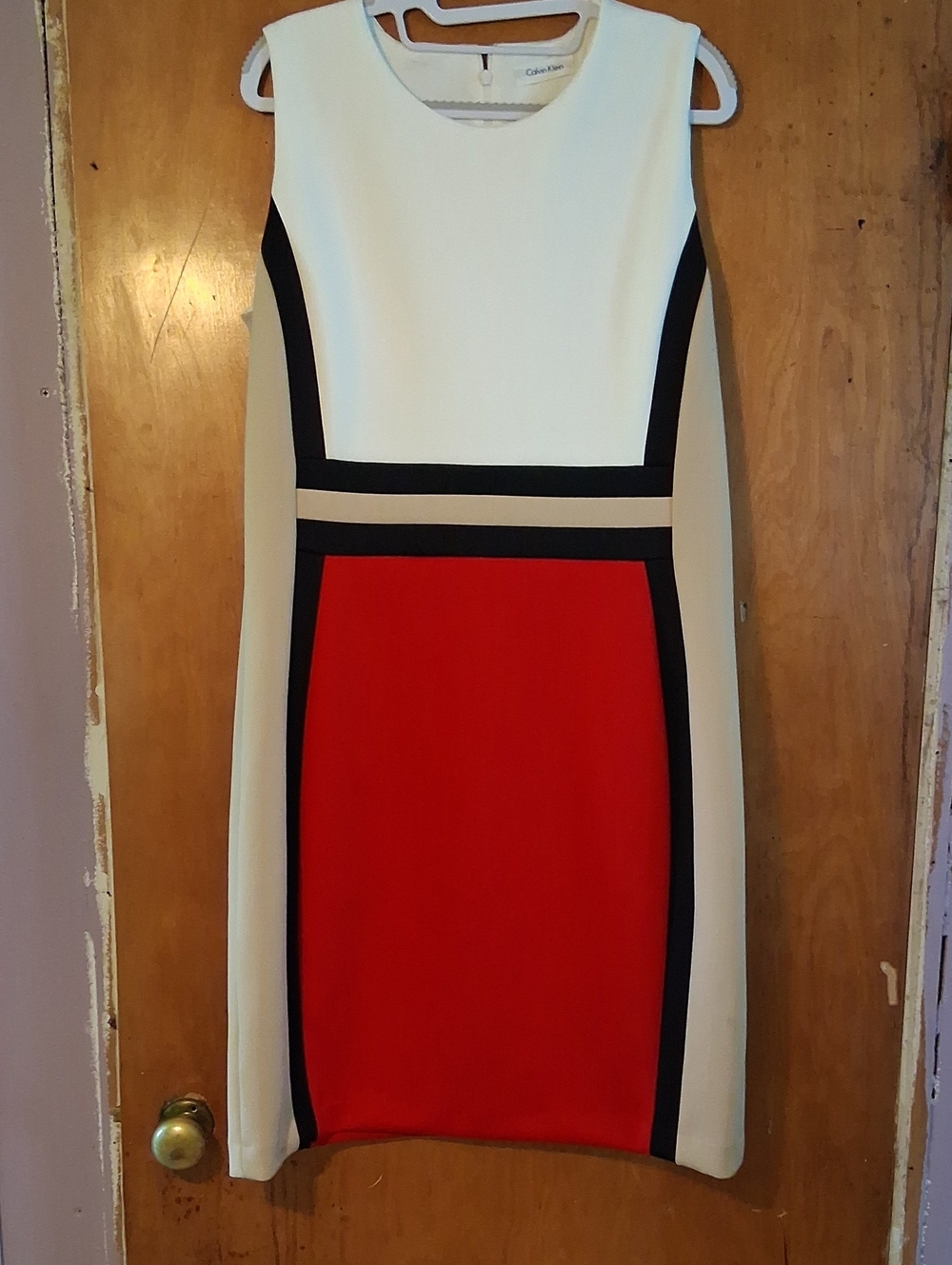 Calvin Klein Red, White & Beige Colorblock Midi Sheath Dress